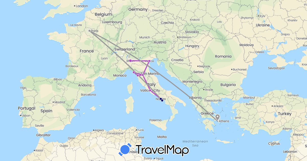 TravelMap itinerary: driving, plane, train in France, Greece, Italy (Europe)